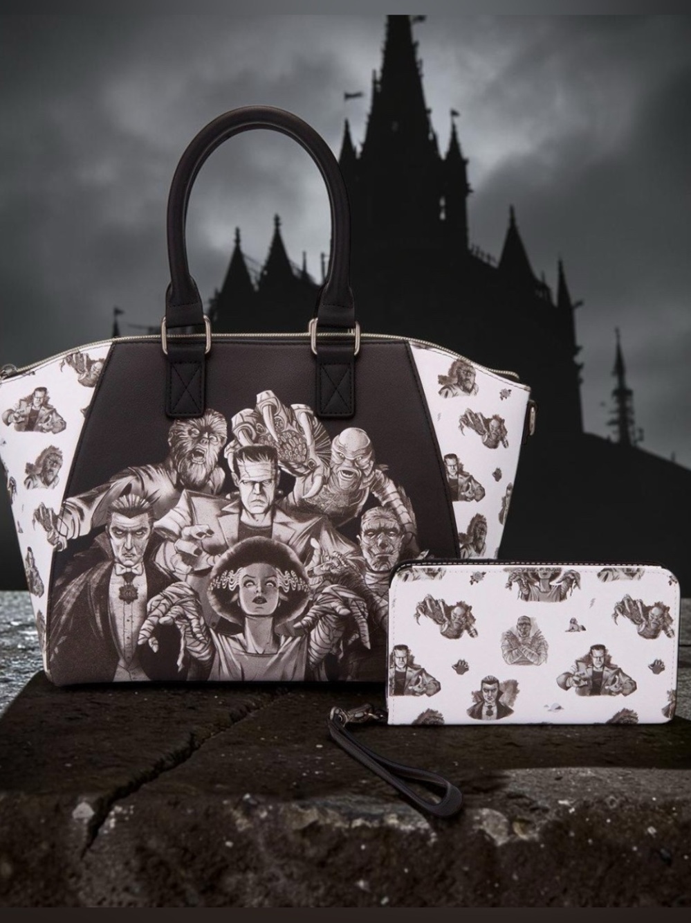 Loungefly UNIVERSAL Studios MONSTERS Satchel Crossbody Bag & Tech WALLET SET